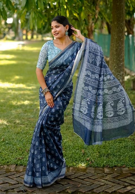 Blue Printed Cotton Saree Set