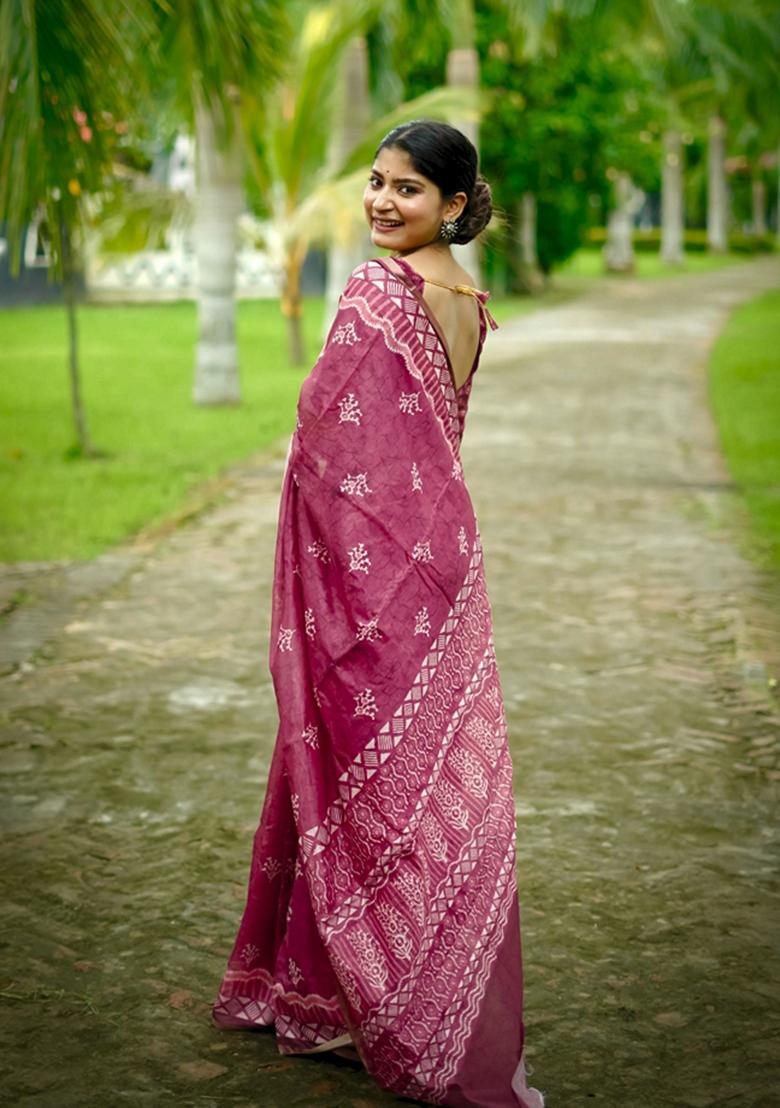 Red Printed Cotton Saree Set