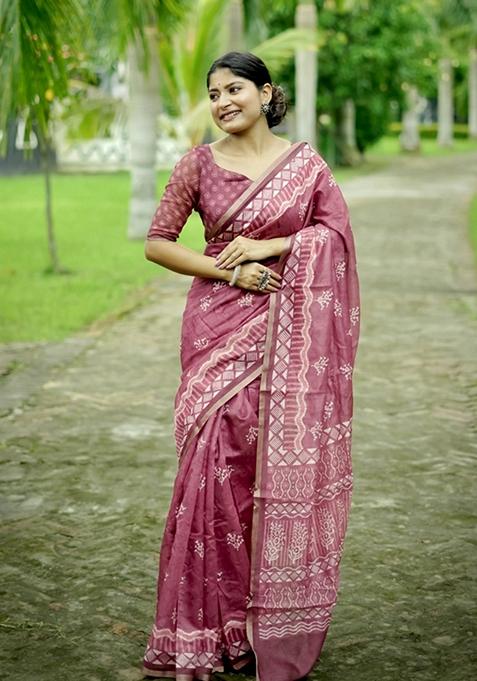 Red Printed Cotton Saree Set