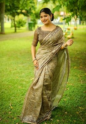 Green Printed Cotton Saree Set
