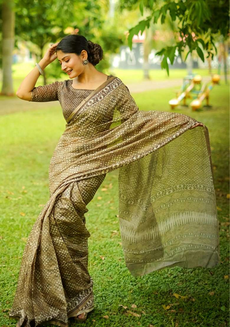 Green Printed Cotton Saree Set for Diwali and Festive Wear - Indya