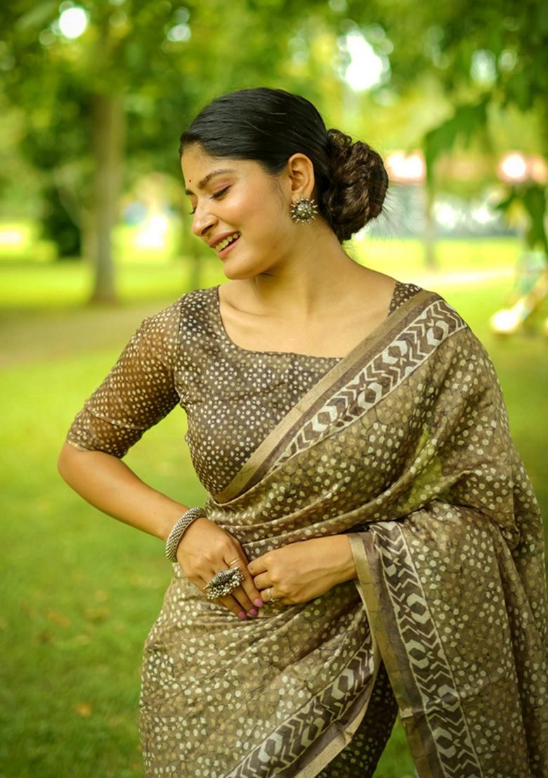 Green Printed Cotton Saree Set