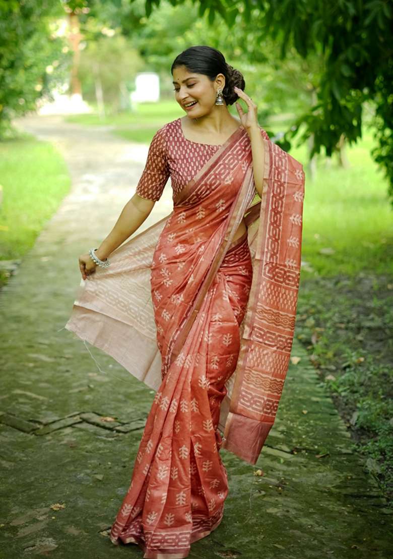 Orange Printed Cotton Saree Set for Diwali and Festive Wear - Indya