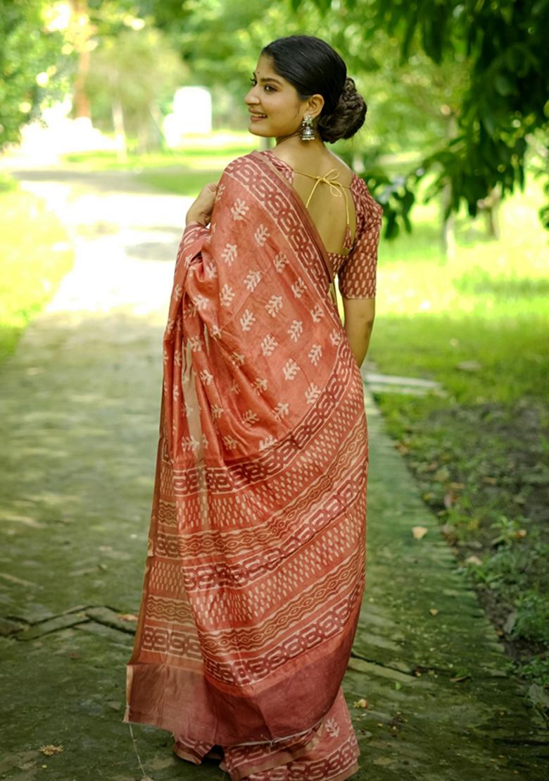 Orange Printed Cotton Saree Set
