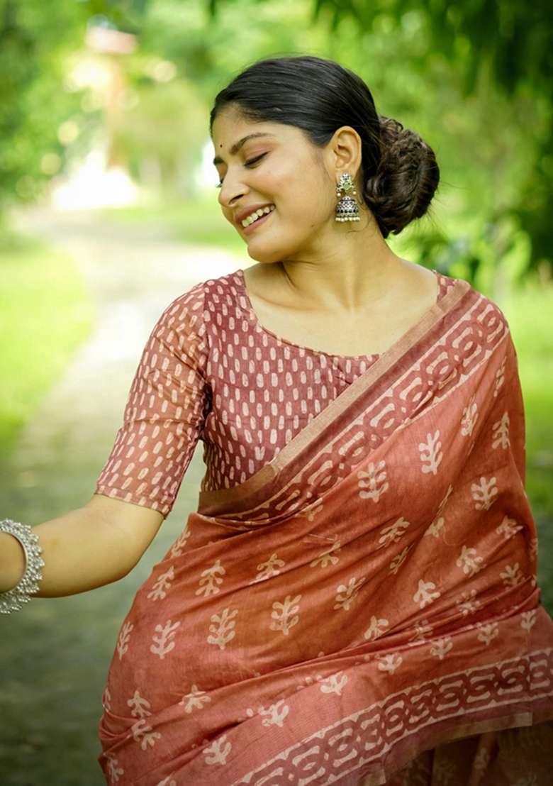 Orange Printed Cotton Saree Set for Diwali and Festive Wear - Indya