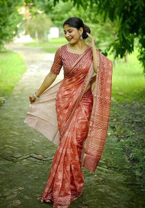 Orange Printed Cotton Saree Set