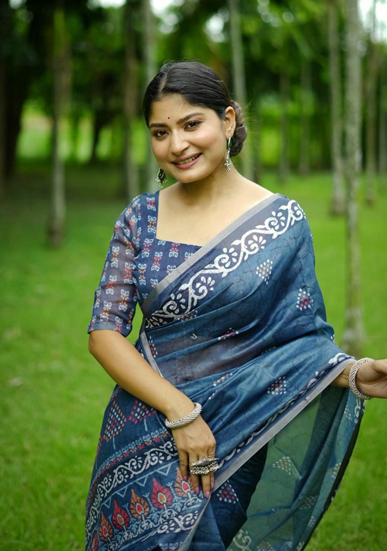 Blue Printed Cotton Saree Set