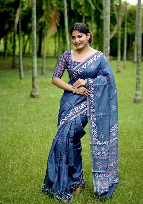 Blue Printed Cotton Saree Set