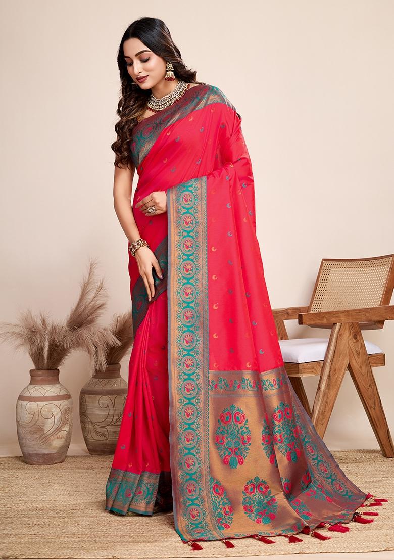 Pink Woven Jacquard Saree Set