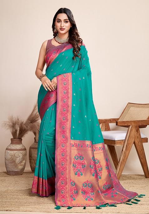 Green Woven Jacquard Saree Set