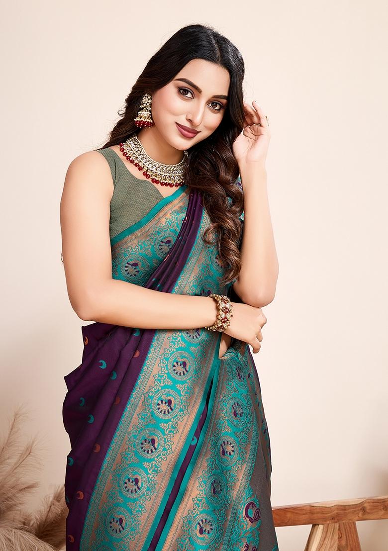 Purple Woven Jacquard Saree Set
