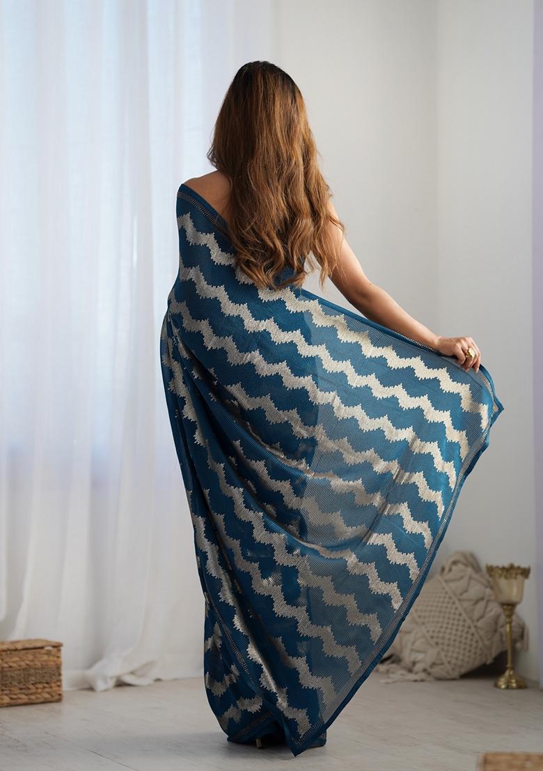 Blue Embroidered Georgette Saree Set