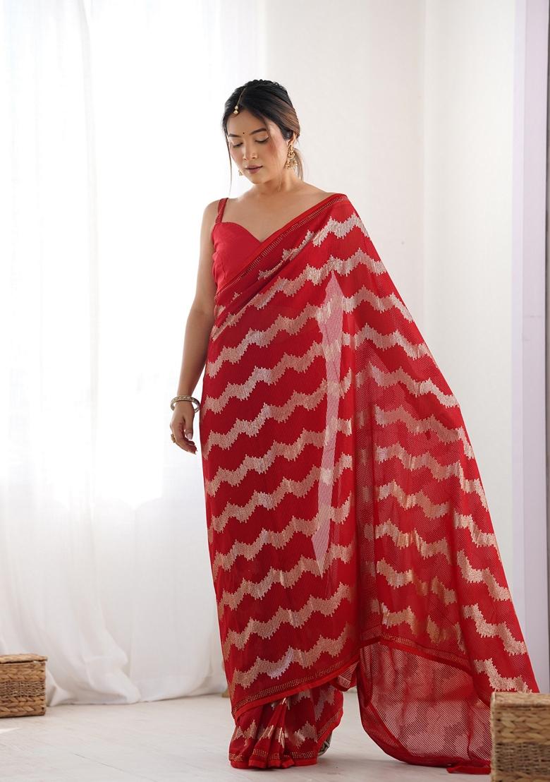 Red Embroidered Georgette Saree Set