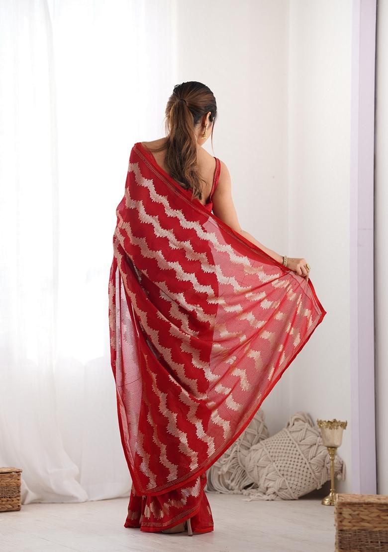 Red Embroidered Georgette Saree Set