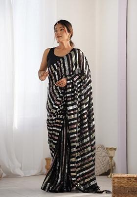 Black Embroidered Georgette Saree Set