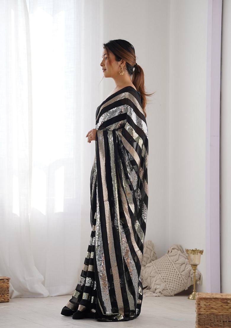 Black Embroidered Georgette Saree Set