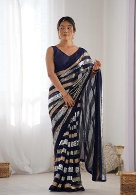 Blue Embroidered Georgette Saree Set