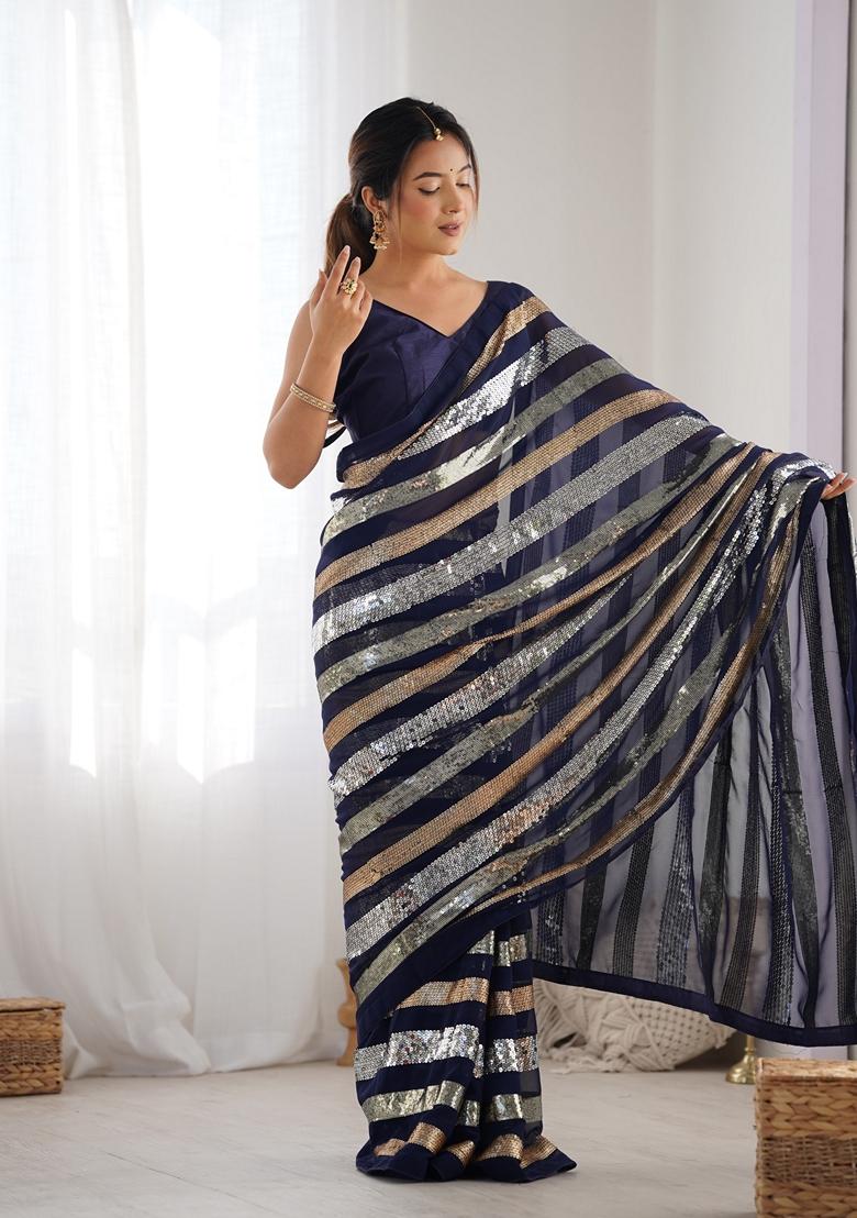 Blue Embroidered Georgette Saree Set