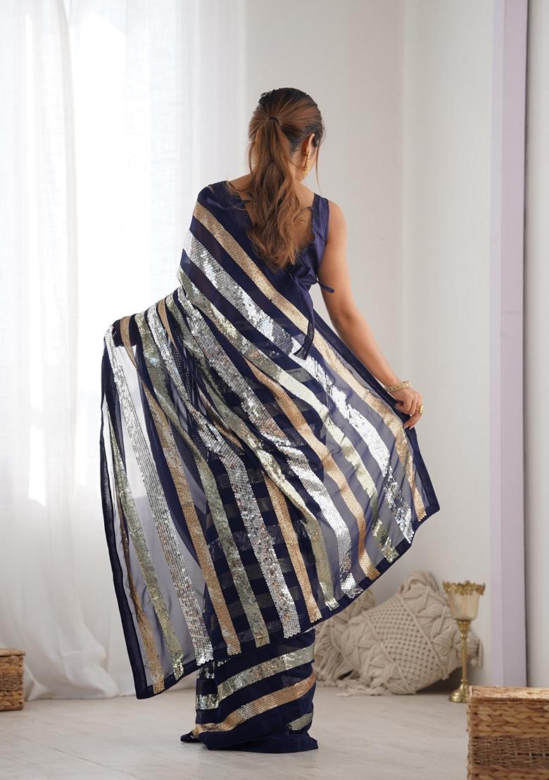 Blue Embroidered Georgette Saree Set