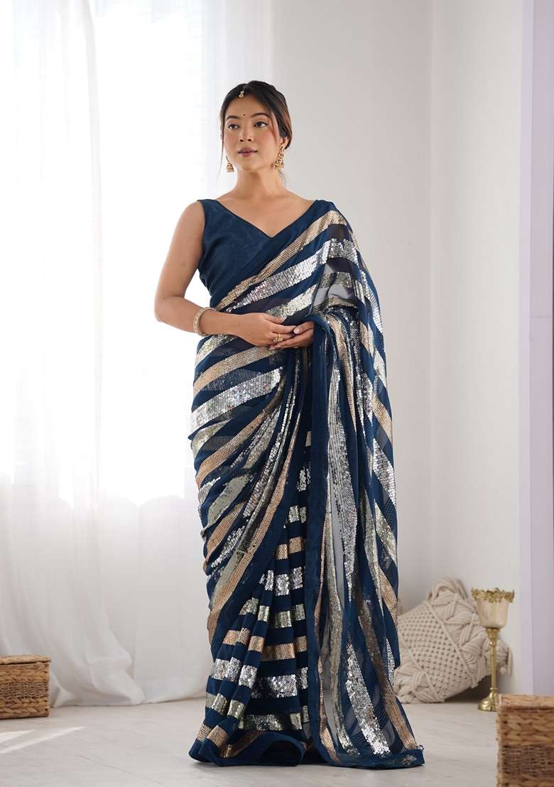 Teal Georgette Saree Set with Embroidered for Diwali | Wedding & Festive Wear - Indya