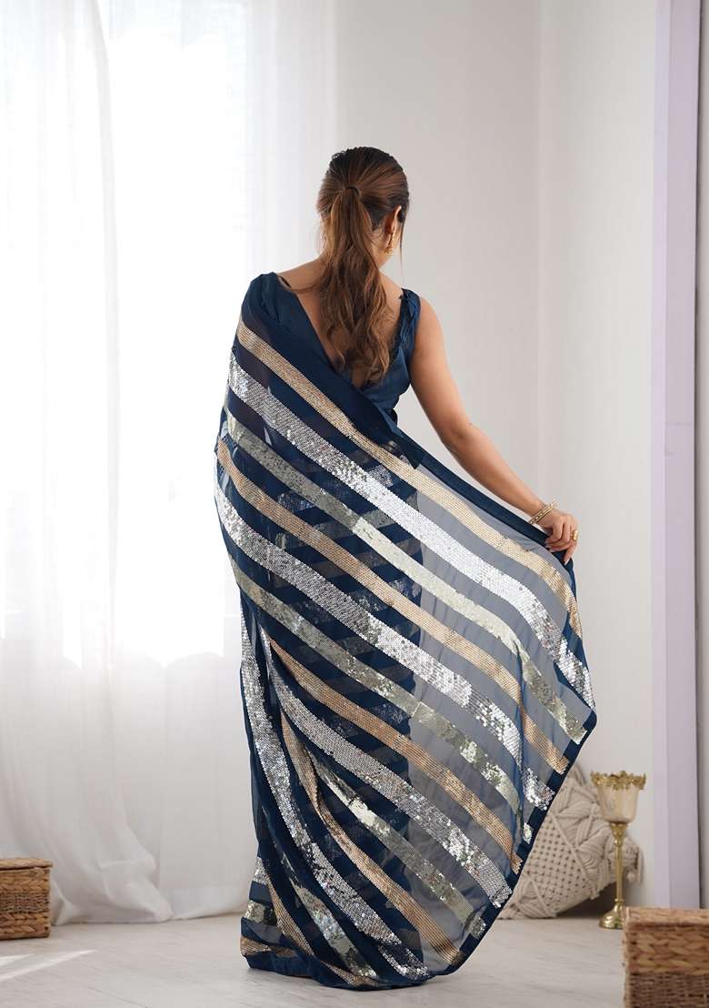 Teal Georgette Saree Set with Embroidered for Diwali | Wedding & Festive Wear - Indya
