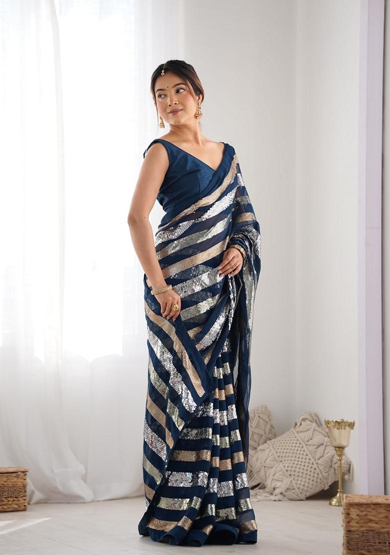 Teal Embroidered Georgette Saree Set