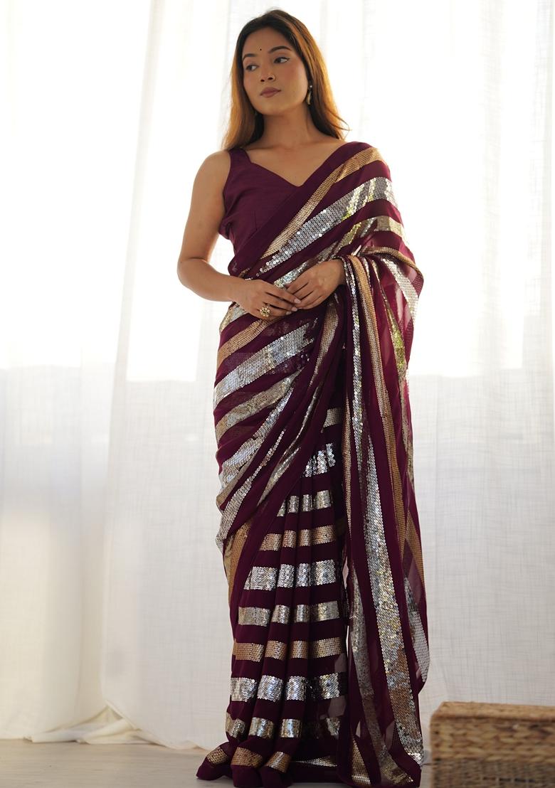 Wine Embroidered Georgette Saree Set