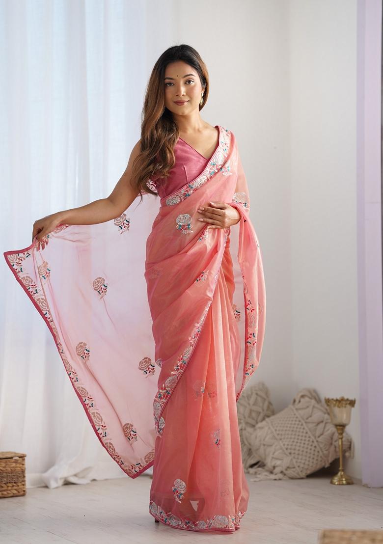 Peach Embroidered Georgette Saree Set