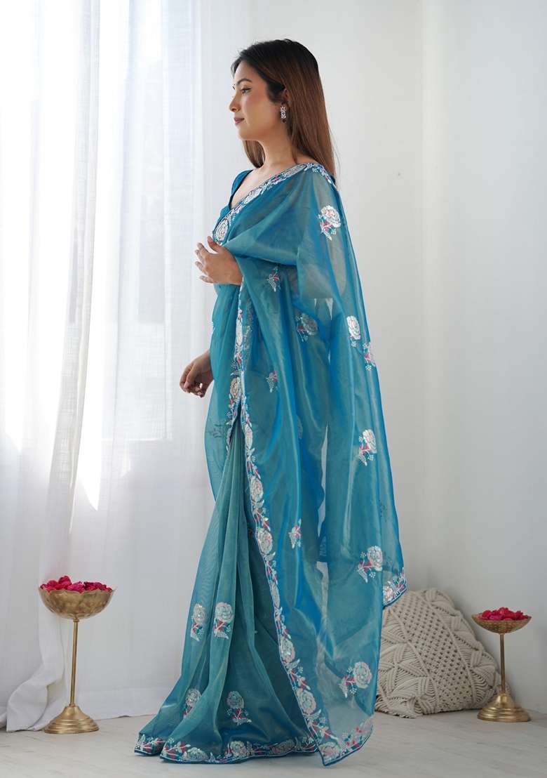 Teal Embroidered Georgette Saree Set for Diwali and Festive Wear - Indya