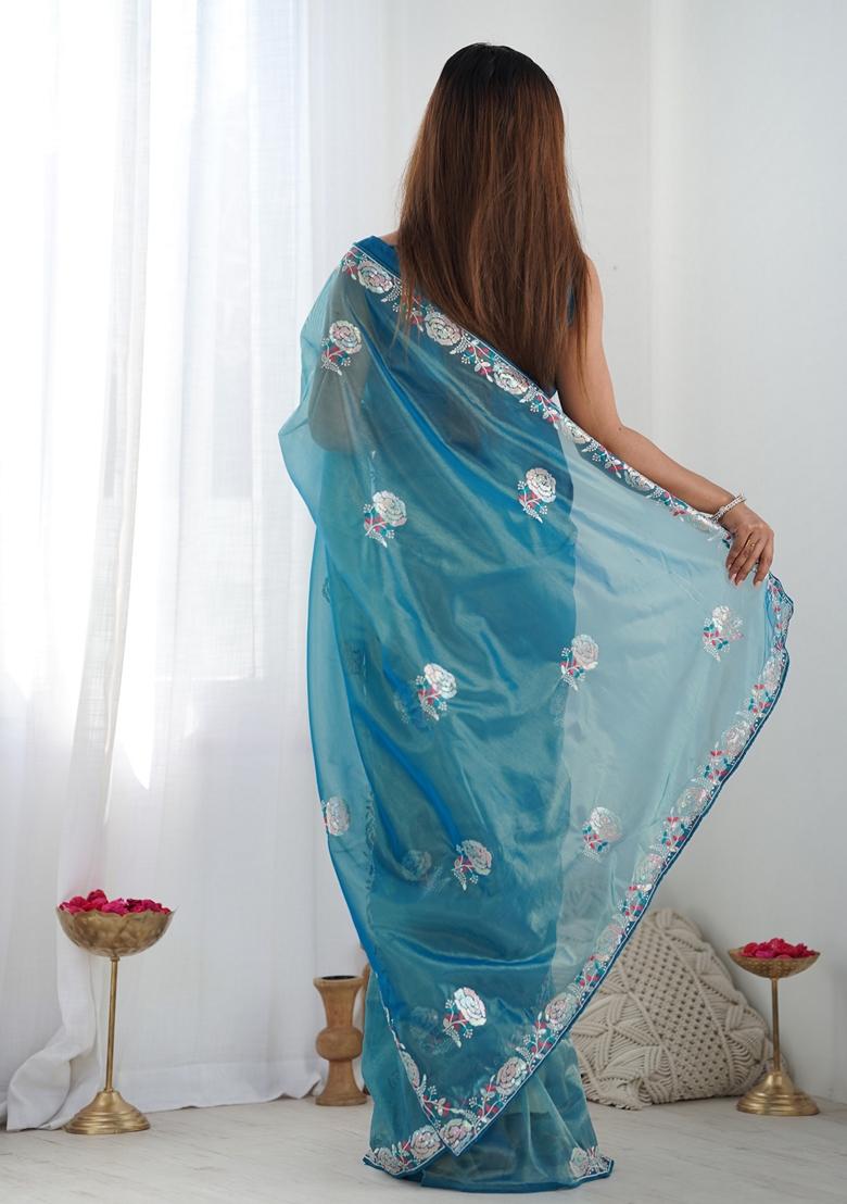 Teal Embroidered Georgette Saree Set