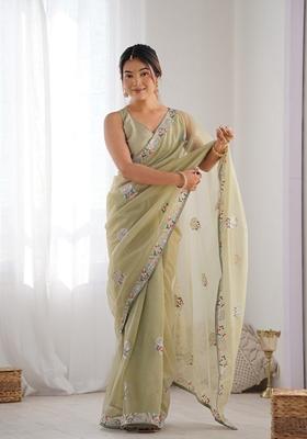 Green Embroidered Georgette Saree Set