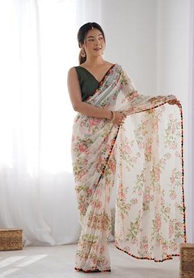 Off White Woven Georgette Saree Set