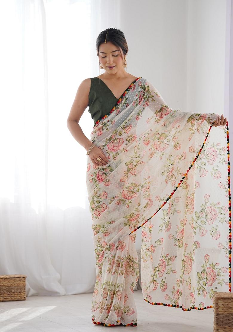 Off White Woven Georgette Saree Set