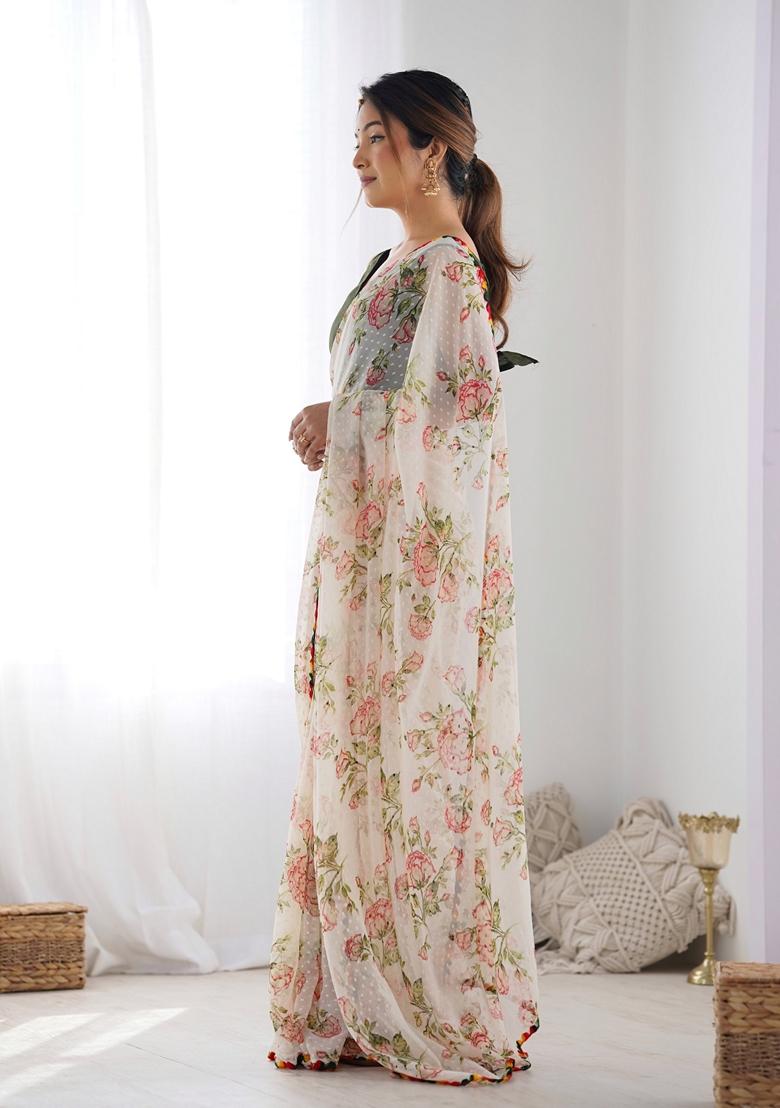 Off White Woven Georgette Saree Set