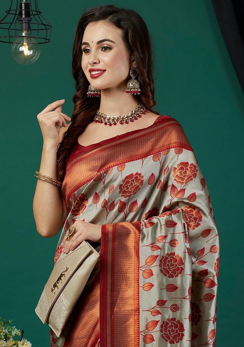 Grey Woven Silk Saree Set