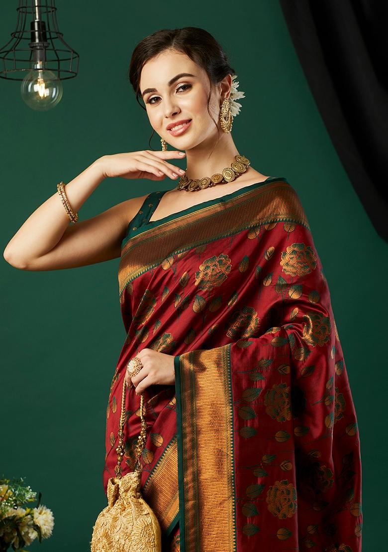 Maroon Woven Silk Saree Set