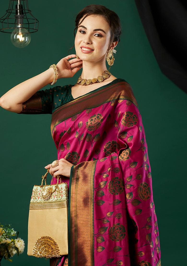 Pink Woven Silk Saree Set