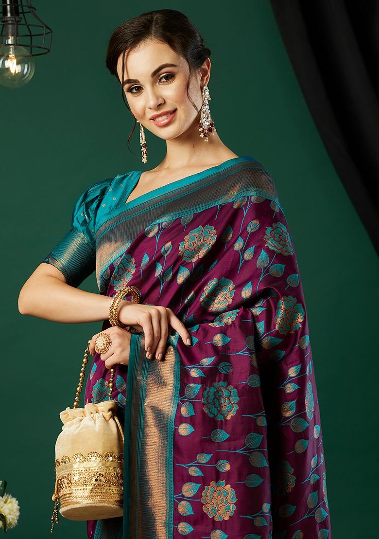 Wine Woven Silk Saree Set