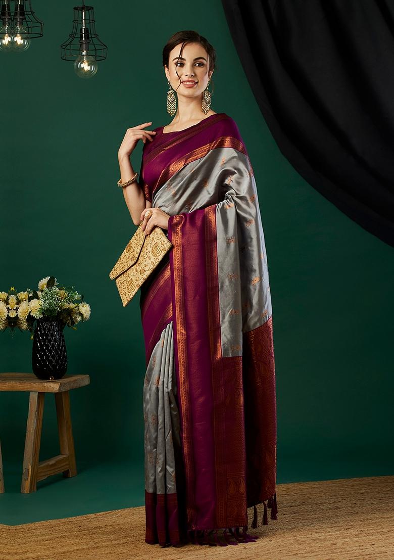 Grey Woven Silk Saree Set