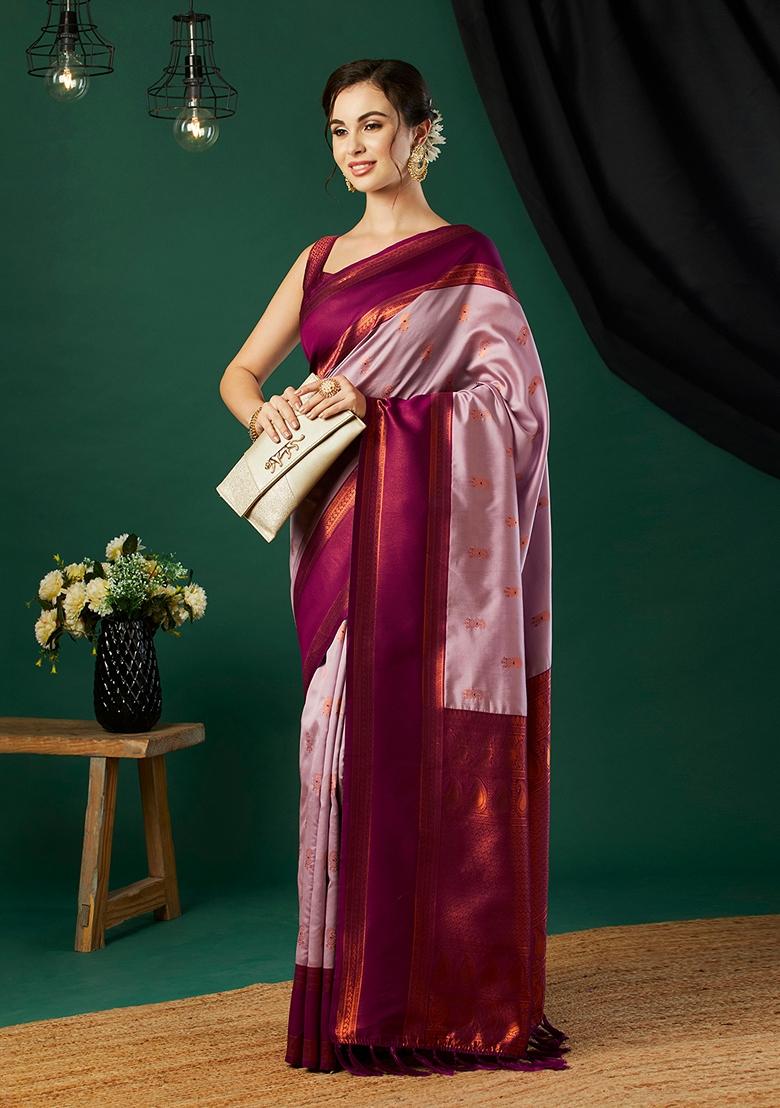 Pink Woven Silk Saree Set
