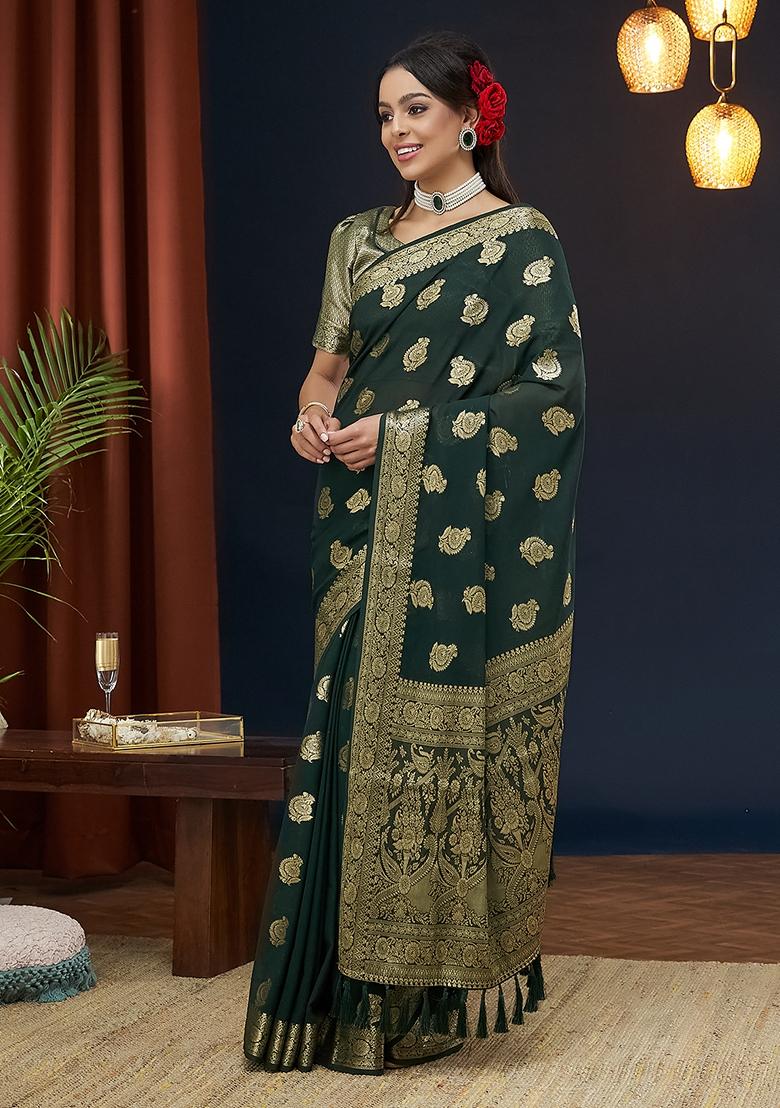 Green Woven Georgette Saree Set