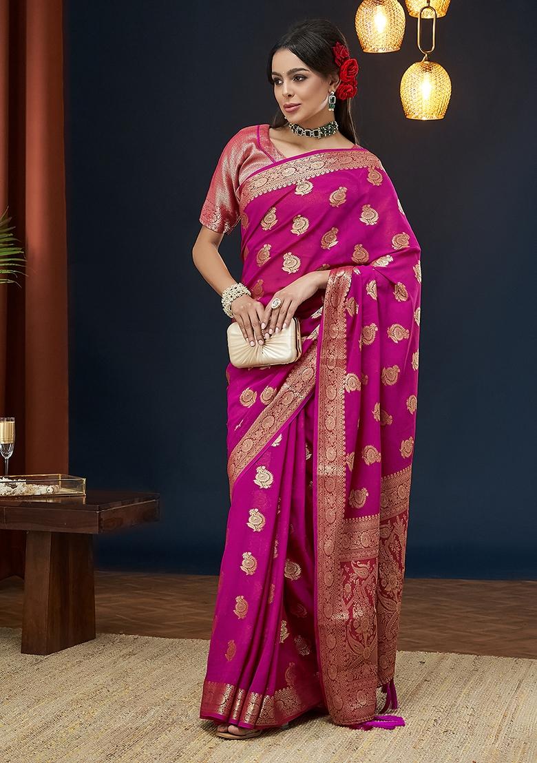 Pink Woven Georgette Saree Set