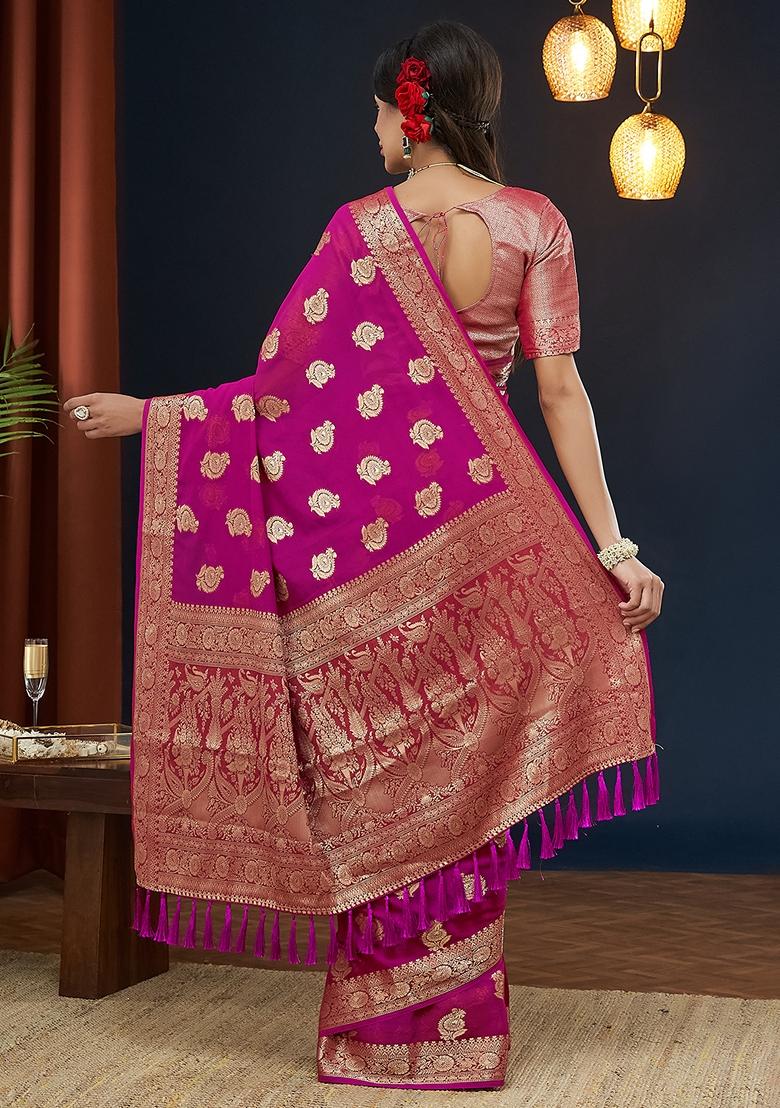 Pink Woven Georgette Saree Set