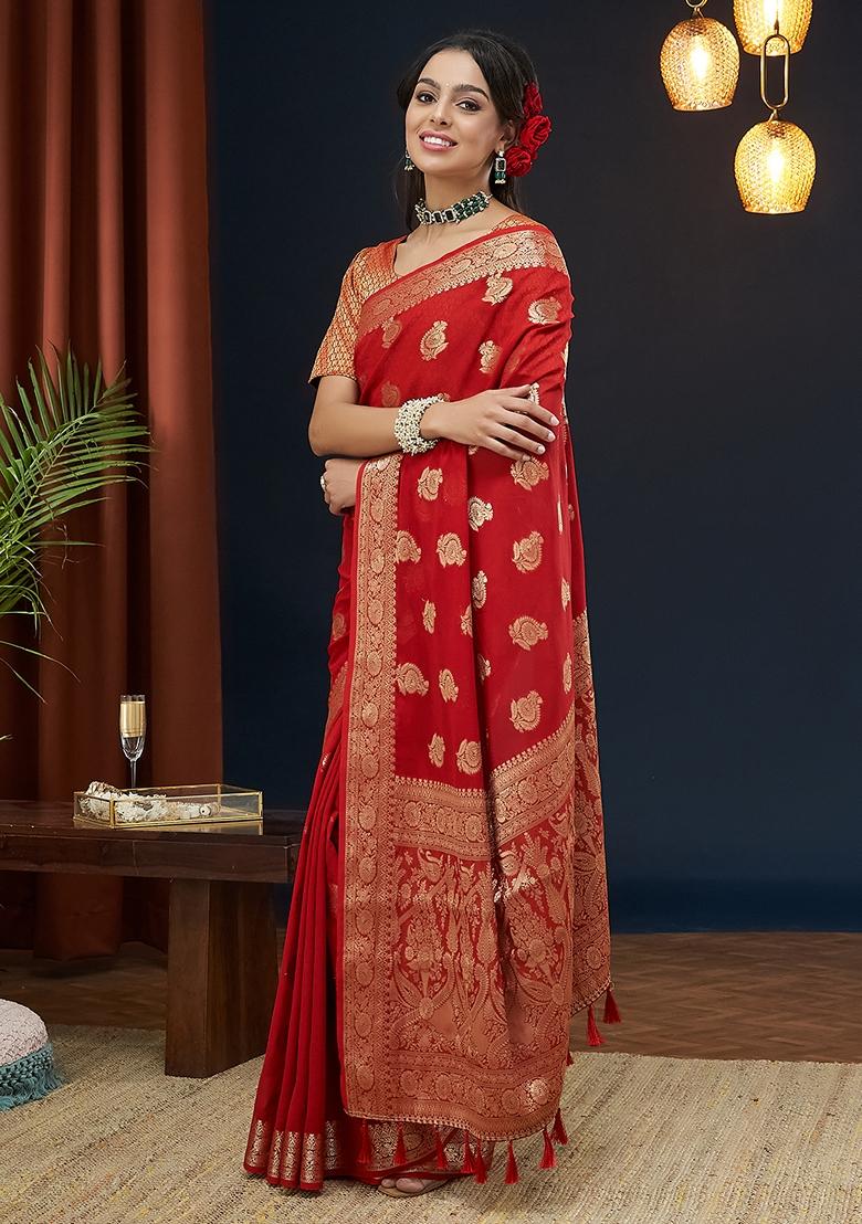 Red Woven Georgette Saree Set