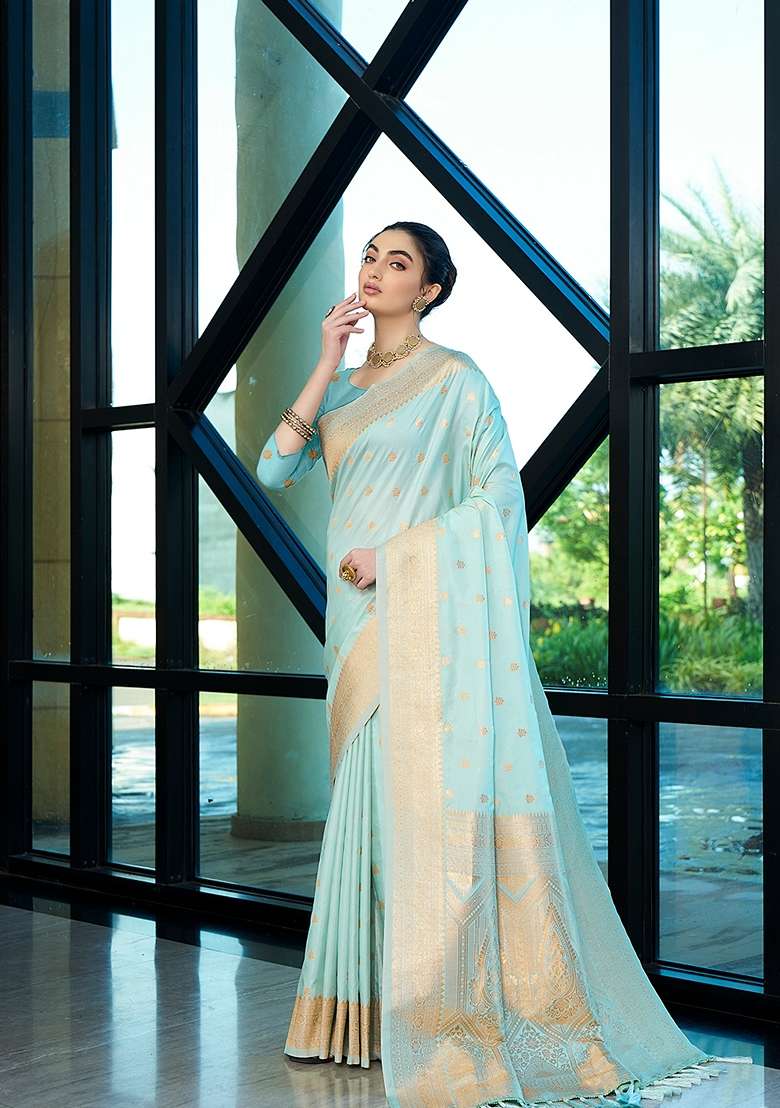 Blue Woven Silk Saree Set for Diwali | Wedding & Festive Wear - Indya