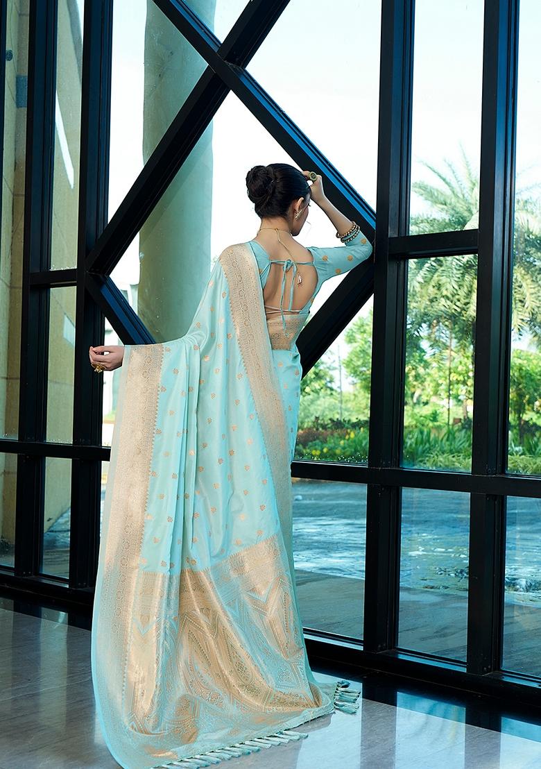 Blue Woven Silk Saree Set