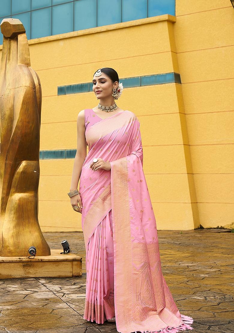 Pink Woven Silk Saree Set