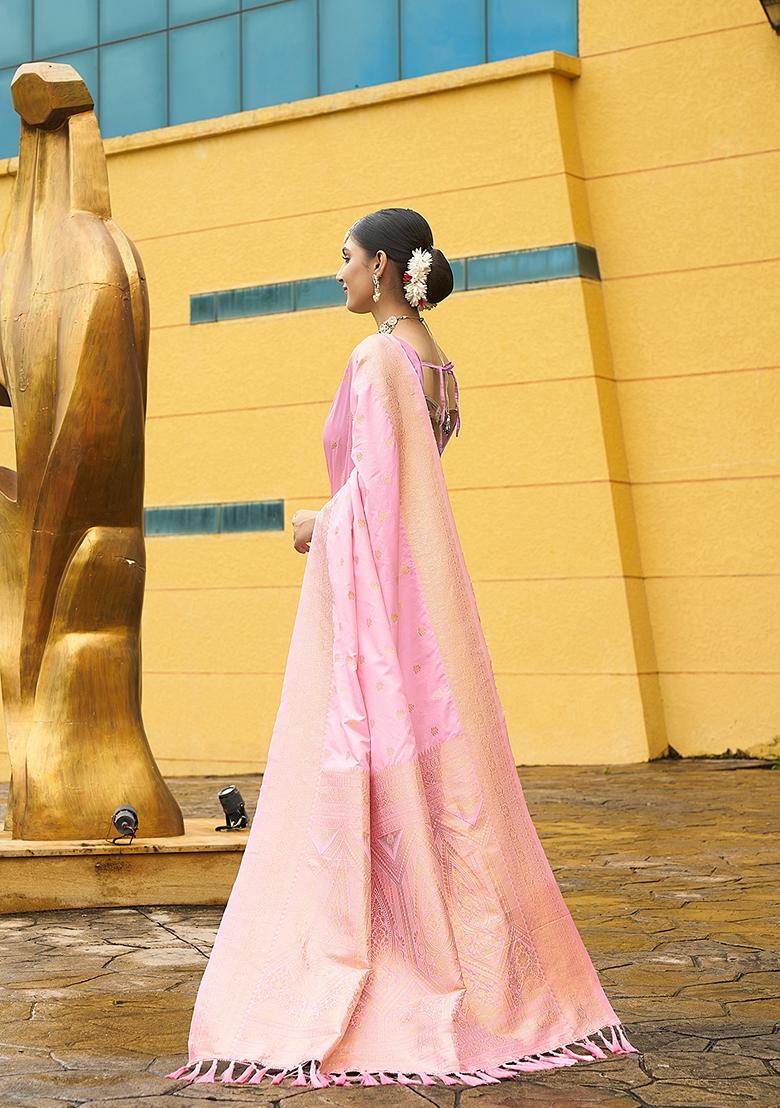 Pink Woven Silk Saree Set