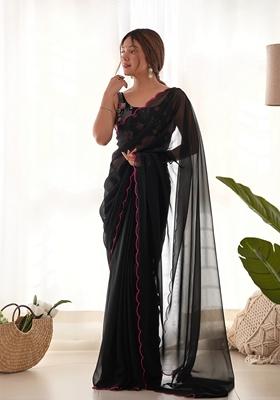 Black Embroidered Georgette Saree Set