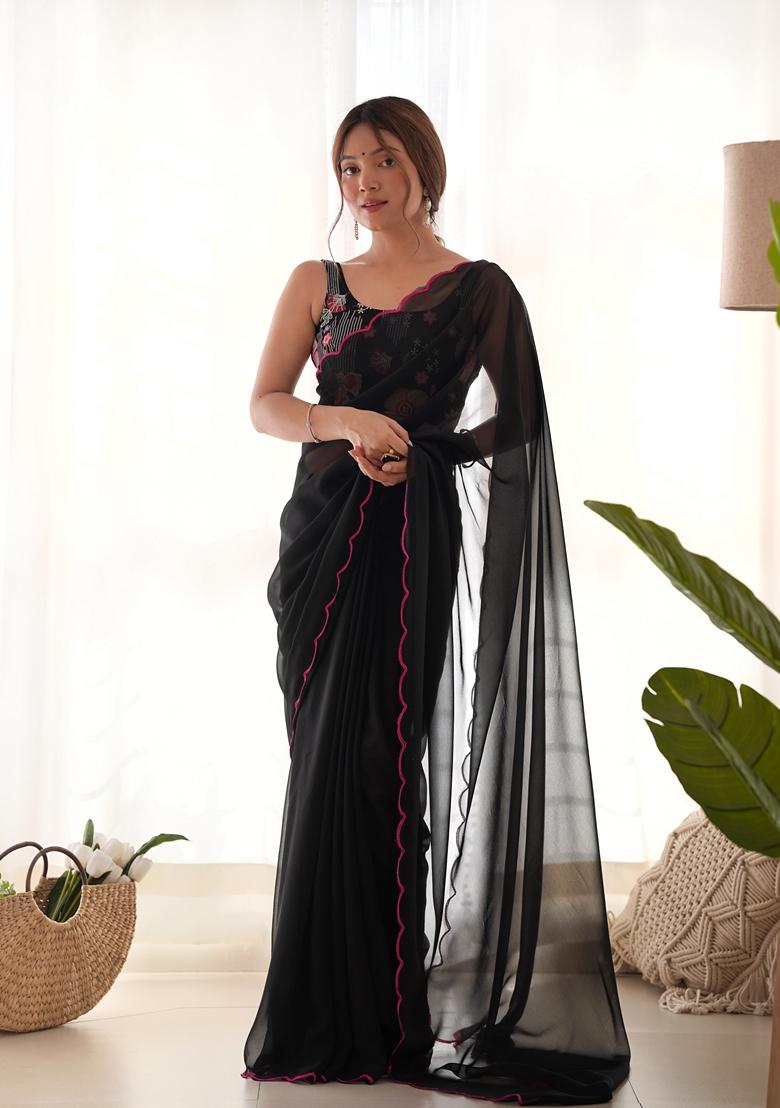 Black Embroidered Georgette Saree Set